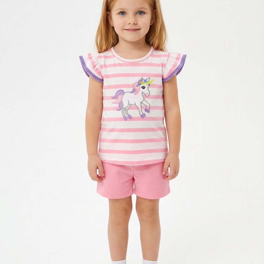 CYNTHIA ROWLEY Girl's Short Sleeve Pink & White Stripes Embroidered Unicorn - 4T